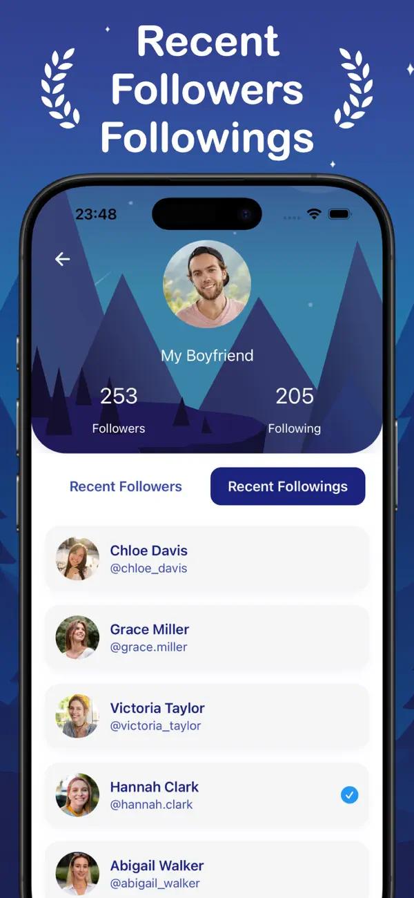 LastFollow App Store screenshot showing recent followers and recent followings