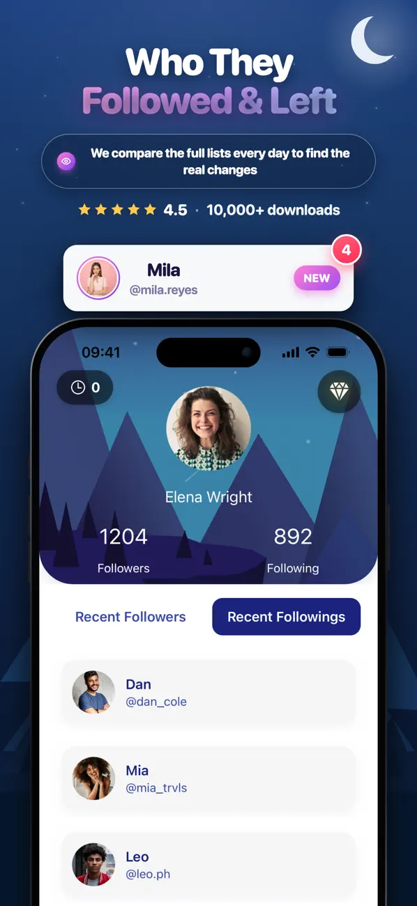 LastFollow App Store screenshot: a tracked Instagram profile with follower and following counts and the Recent Followers and Recent Followings tabs
